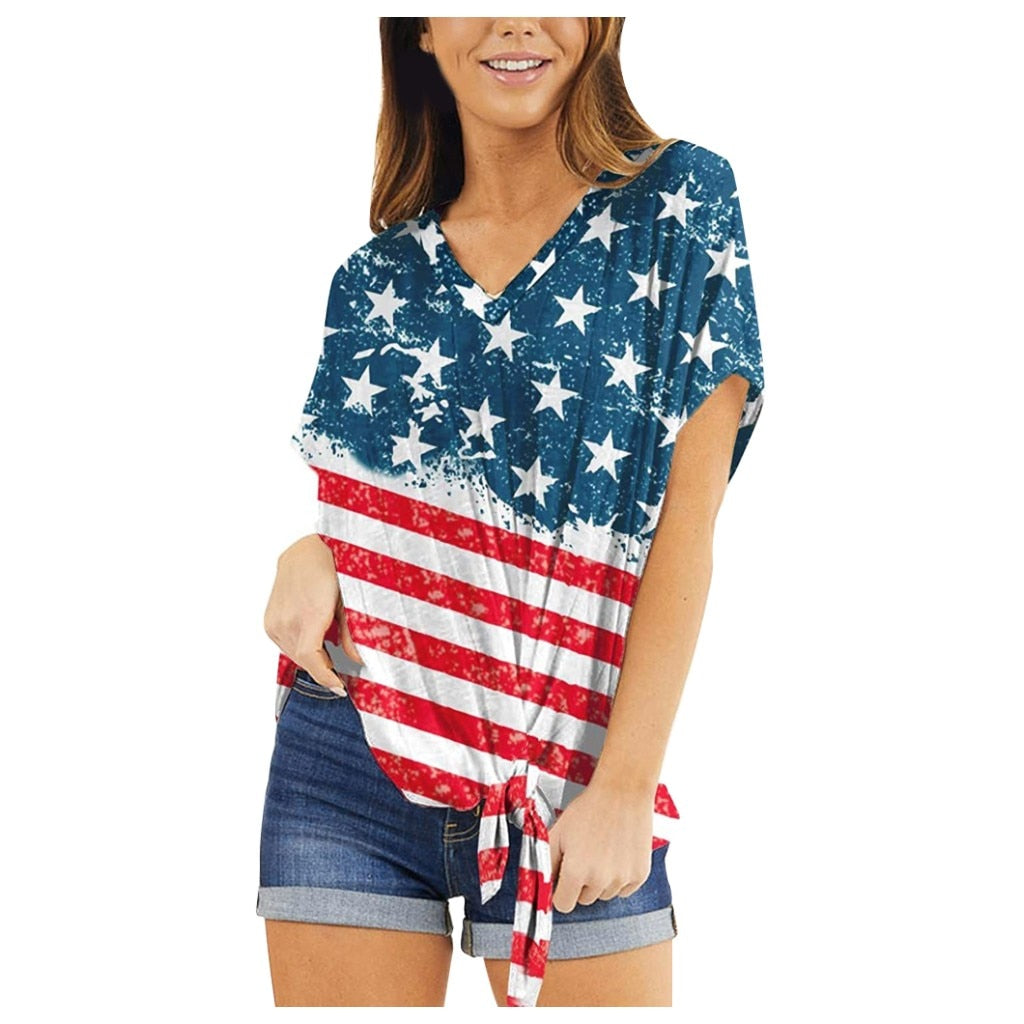 American Flag V Neck Knot Short Sleeve Top